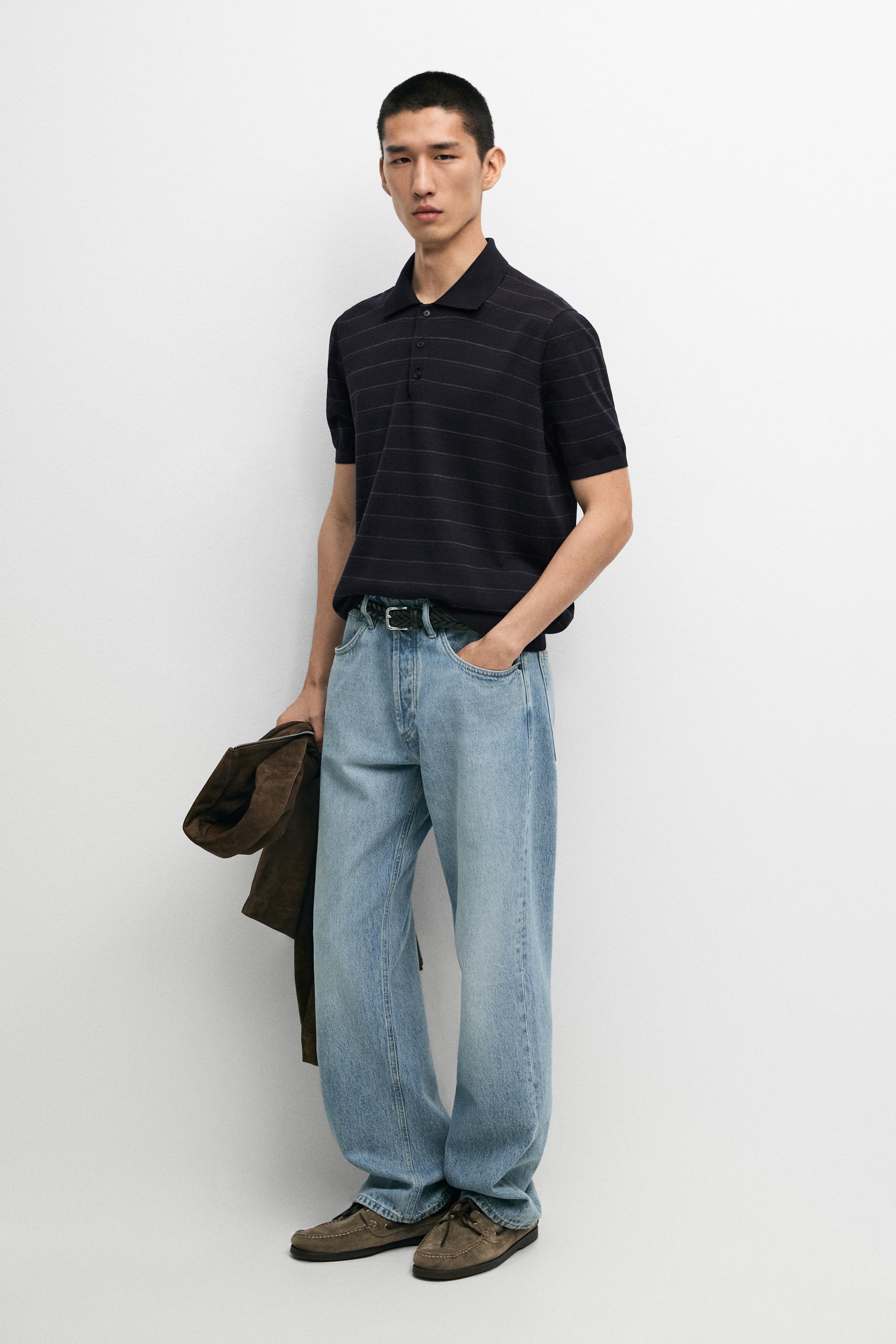 Striped short sleeve knit polo sweater — Navy blue