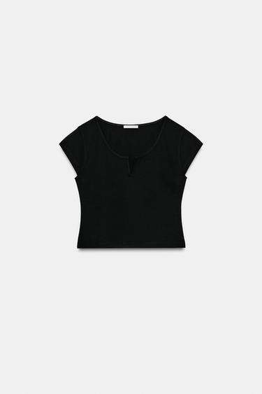 スリット入りクロップド丈トップスブラック0Zaraのスリット入りクロップド丈トップス - ブラック - 画像 0