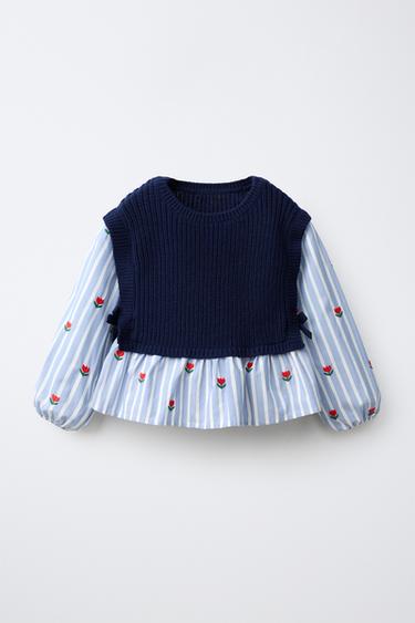 CAMISA BORDADOS TULIPANES COMBINADA CHALECO PUNTO - Marino de Zara - Imagen 0