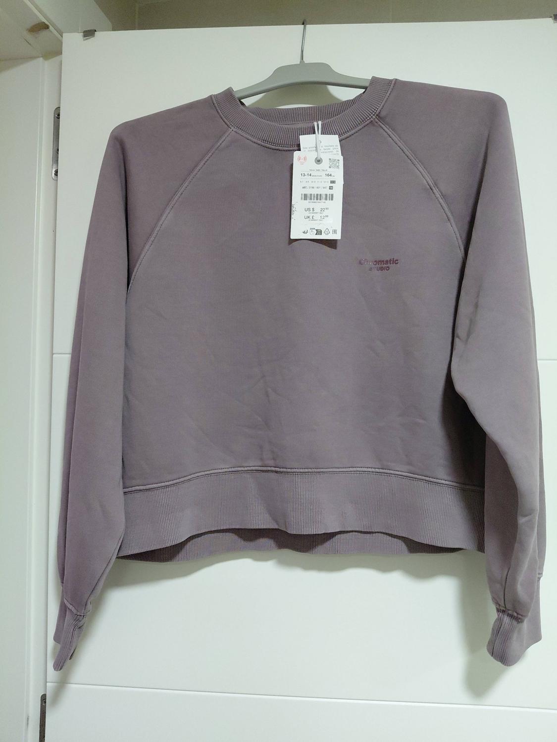 Mauve long-sleeved sweatshirt with a round neck hanging on a white door. It features the text “Chromatic studio” on the chest.