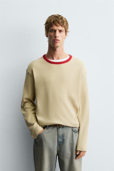 CONTRAST WAFFLE-KNIT T-SHIRT - camel by Zara