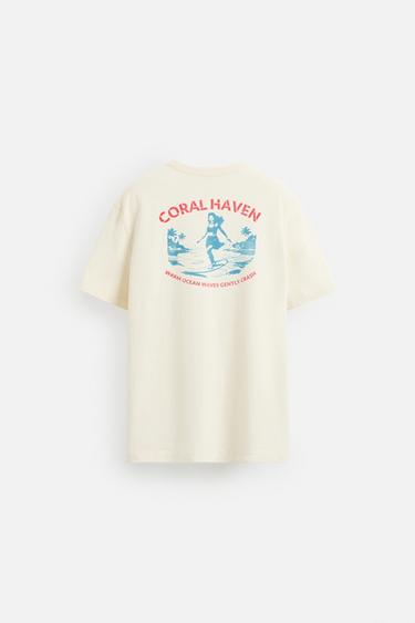 Zara CONTRAST GRAPHIC T-SHIRT - Ecru