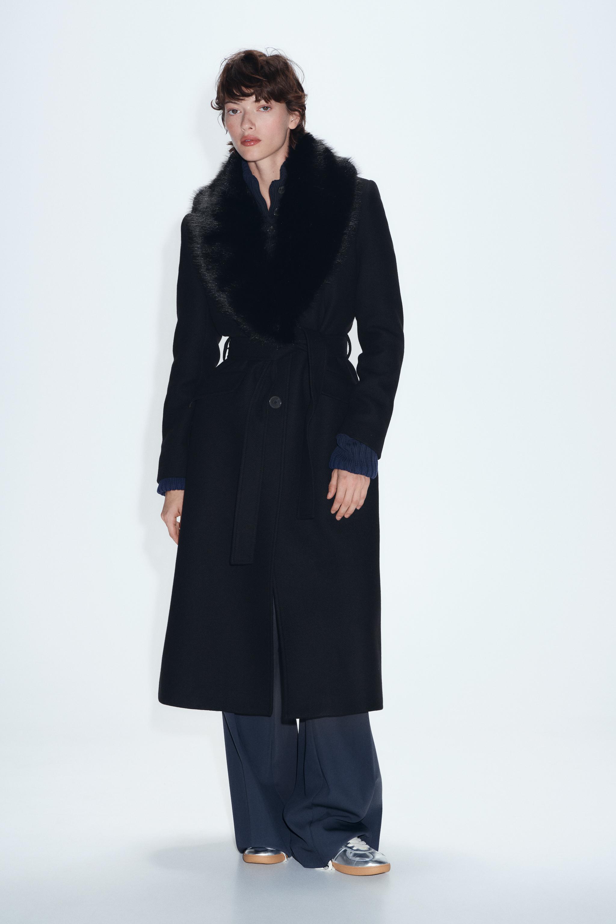 Black zara coat with fur best sale