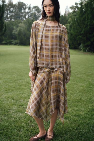 CHECK MIDI SKIRT - Khaki by Zara