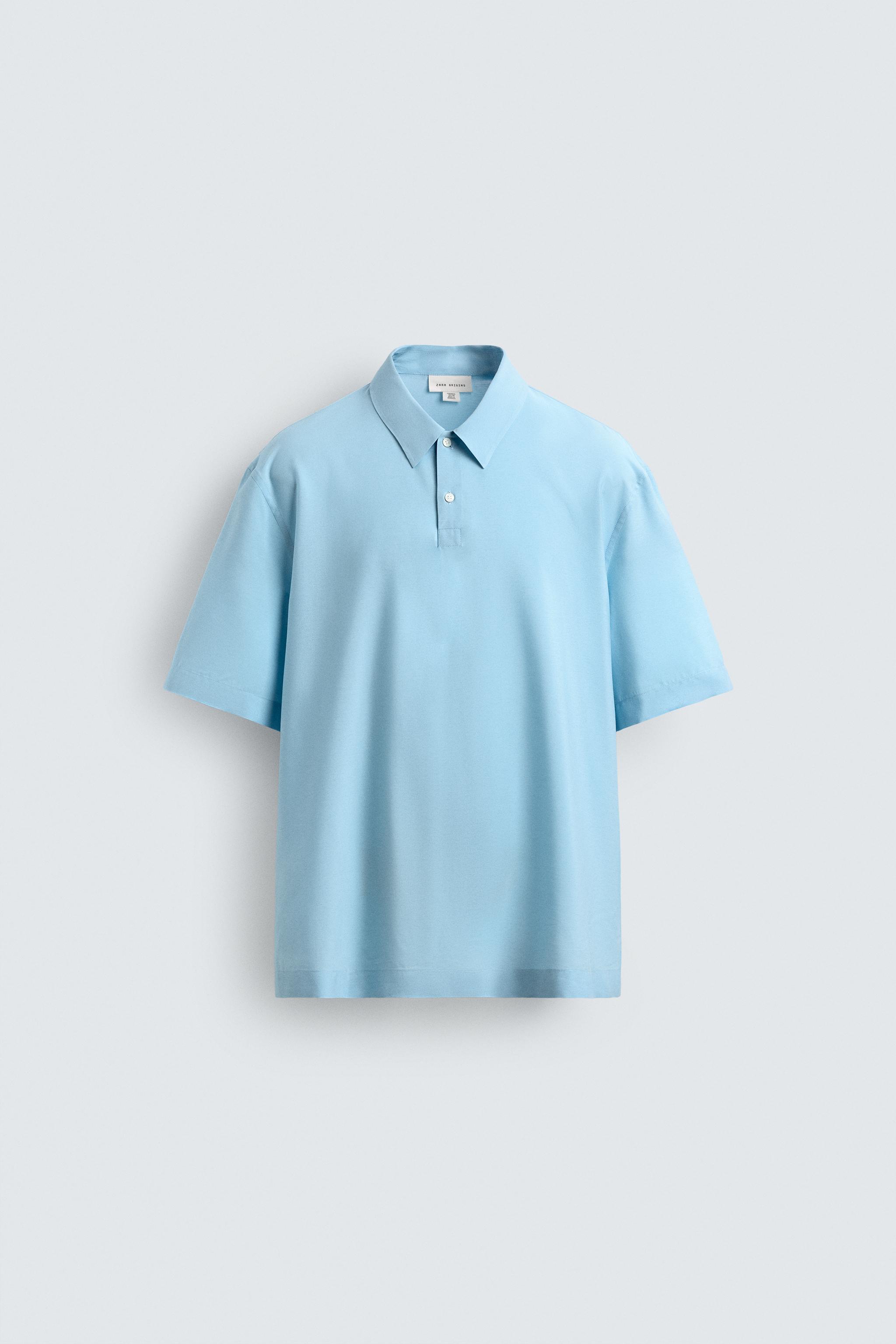 FLOWY VISCOSE BLEND POLO SHIRT — Sky blue