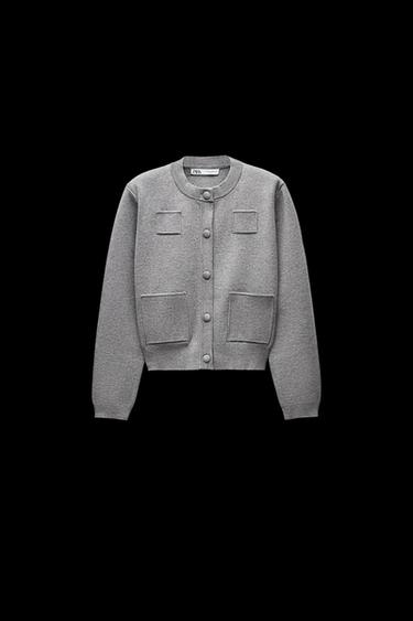 Zara PLAIN KNIT SHOULDER PAD JACKET - Gray marl - Image 0
