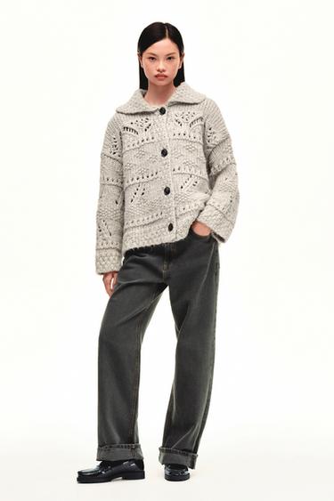 Zara 鏤空厚針織開襟衫 - 米色