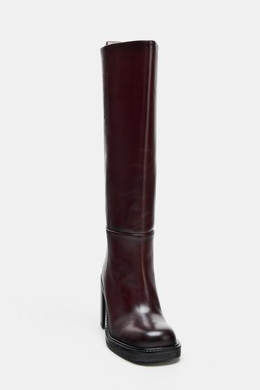 BOTTES EN CUIR À TALONS LARGES - Bordeaux de Zara - Image 4