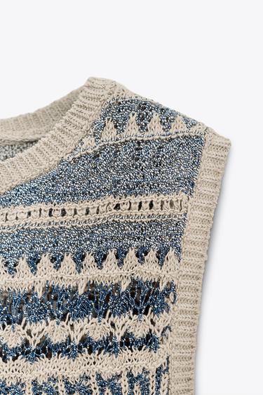 STRIPED TEXTURED KNIT SLEEVELESS TOP - Sand / Blue by Zara - Image 2