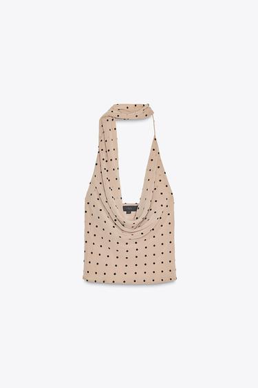 Zara POLKA DOT HALTER SCARF TOP - Beige / Taupe brown