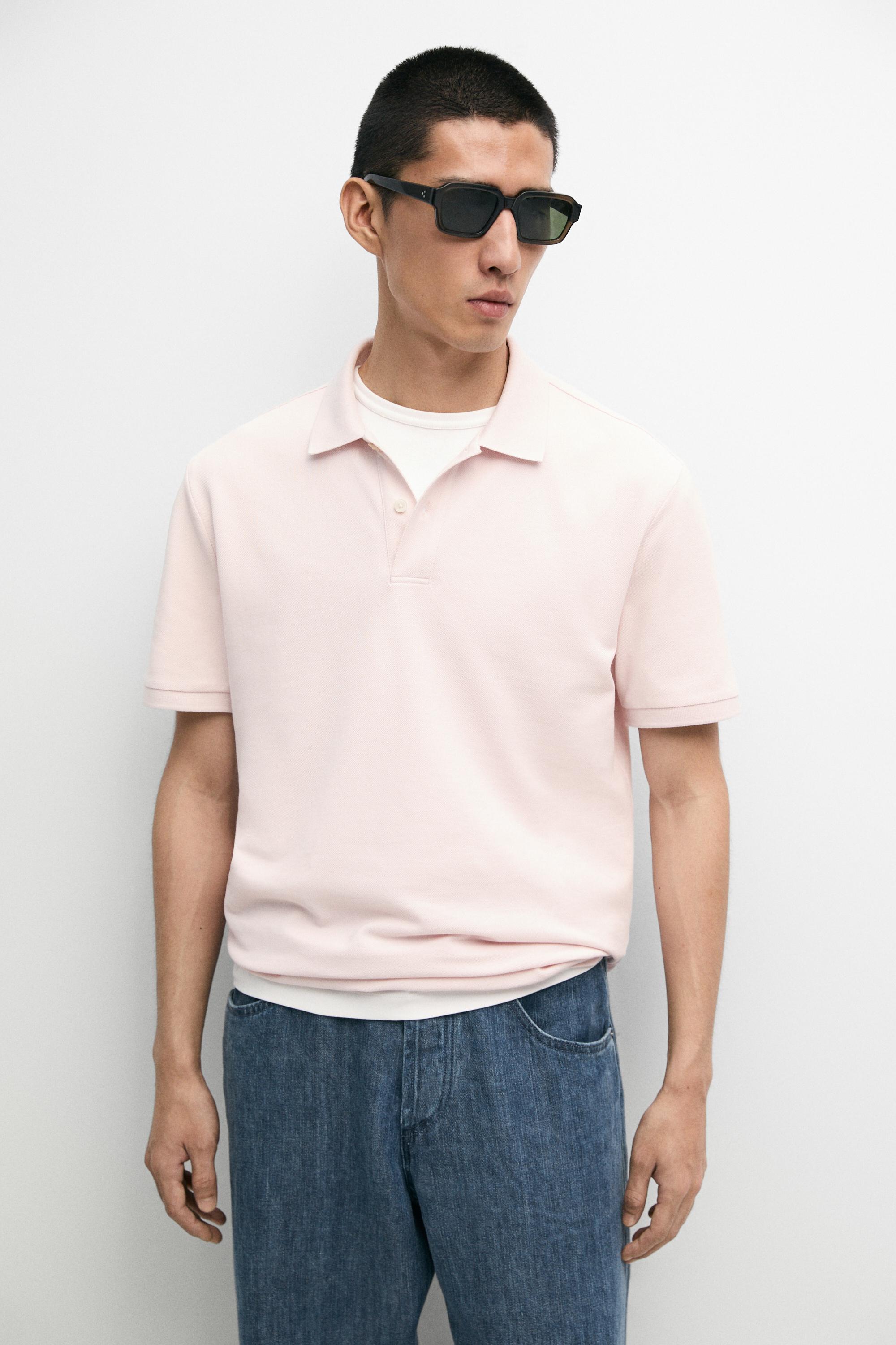 Micro-textured cotton piqué polo shirt — Pale pink