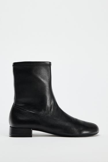 Zara LEATHER FLAT ANKLE BOOTS - Black
