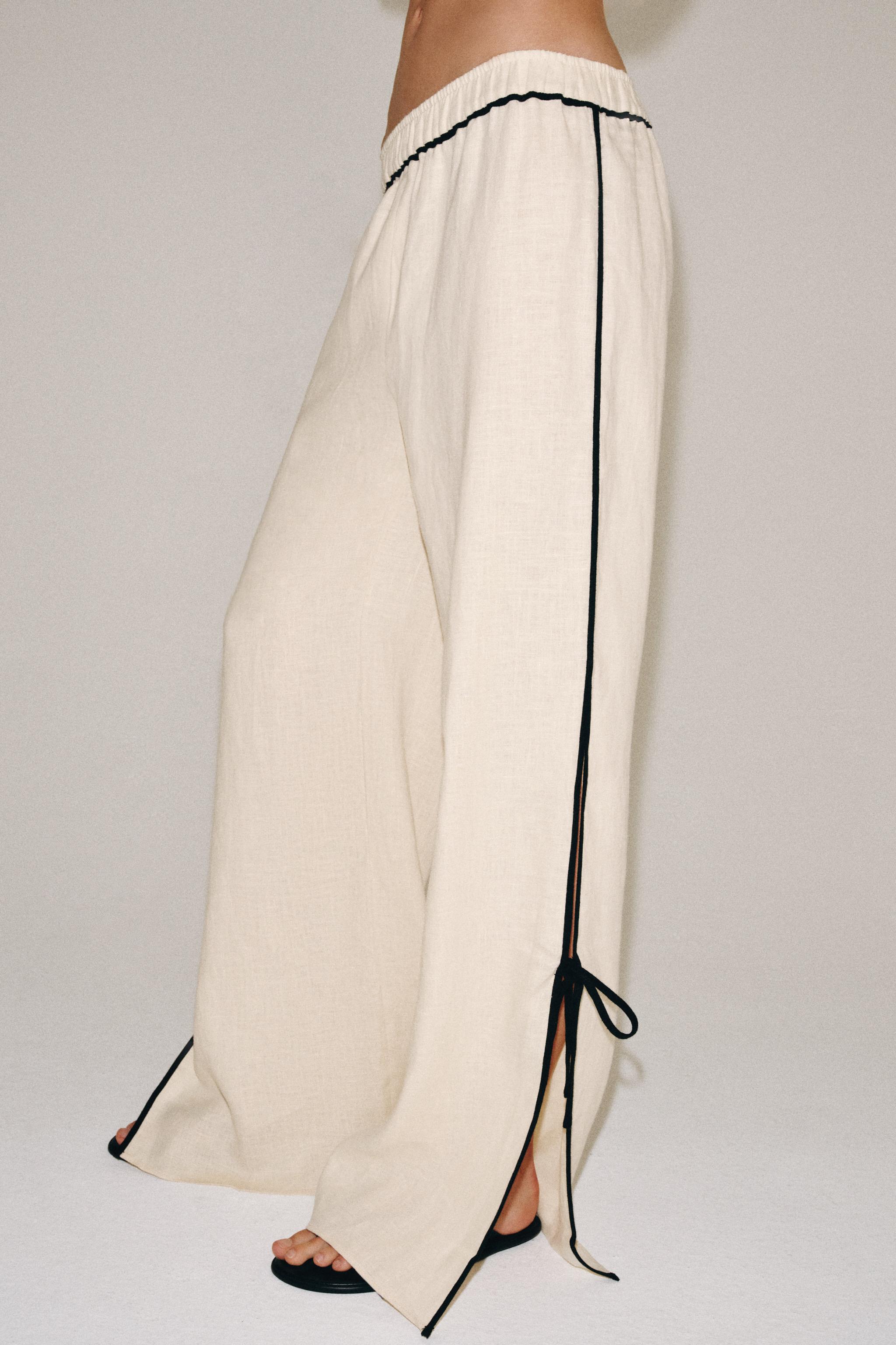 100% LINEN PIPING TROUSERS ZW COLLECTION — Beige