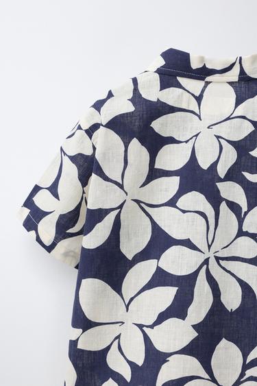 CHEMISE IMPRIMÉE FLEURS AVEC COTON ET LIN - Bleu marine de Zara - Image 3