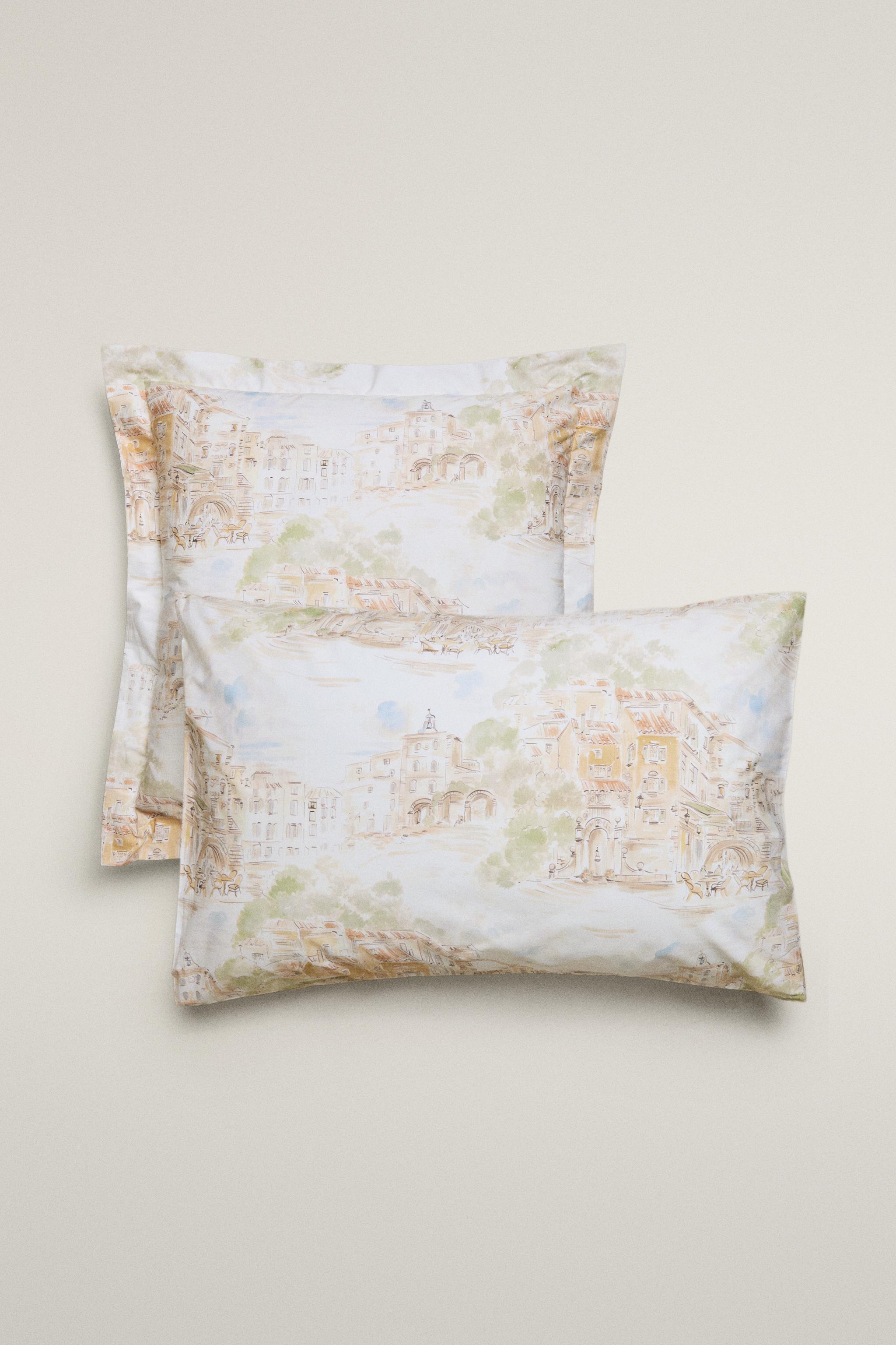 COTTON LANDSCAPE PILLOWCASE — Beige