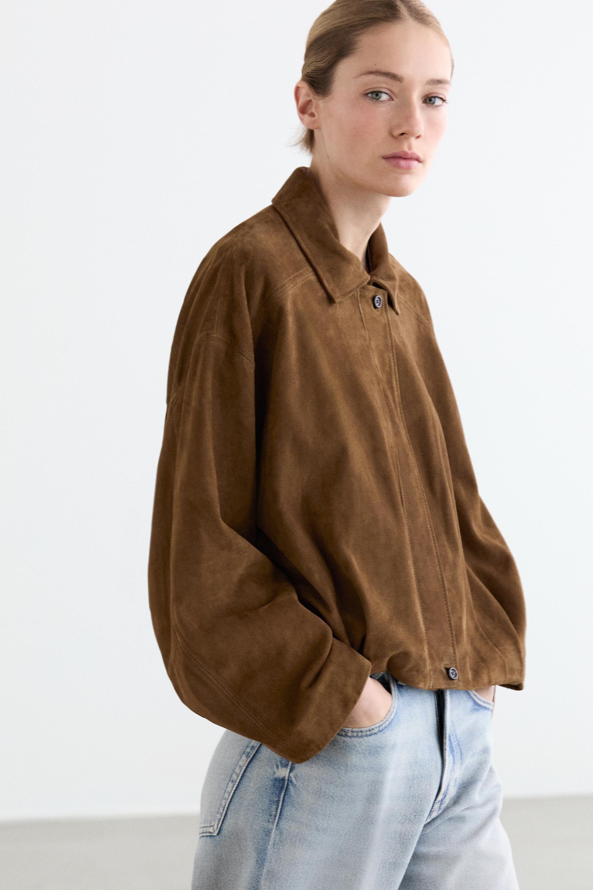 Short suede leather bomber jacket