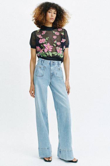 TOP EN MAILLE À FLEURS BRODÉES - Bleu de Zara