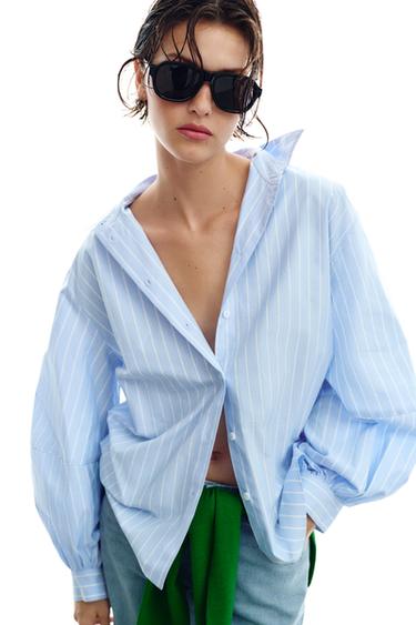 CAMISA RAYAS MANGA ABULLONADA - Azulina de Zara