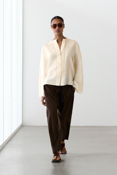 Camisa detalle escote 100% lino - Barquillo de Zara - Imagen 0