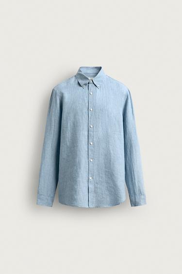 Zara REGULAR FIT 100% LINEN SHIRT - Faded sky blue
