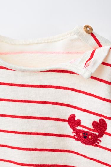 T-SHIRT À RAYURES BRODERIE CRABE - Blanc / Rouge de Zara - Image 2