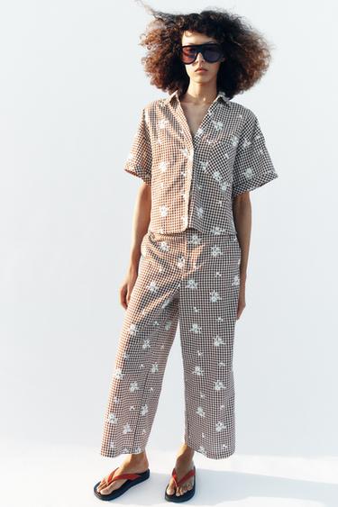 Zara EMBROIDERED PLAID SHIRT SET - Brown / Ecru