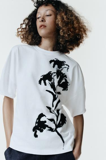 Zara CONTRAST FLOWER T-SHIRT - White