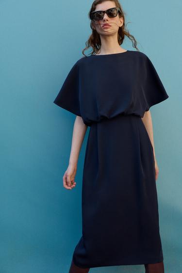 ROBE MIDI MANCHES DESCENDUES PINCES - Bleu marine de Zara - Image 1
