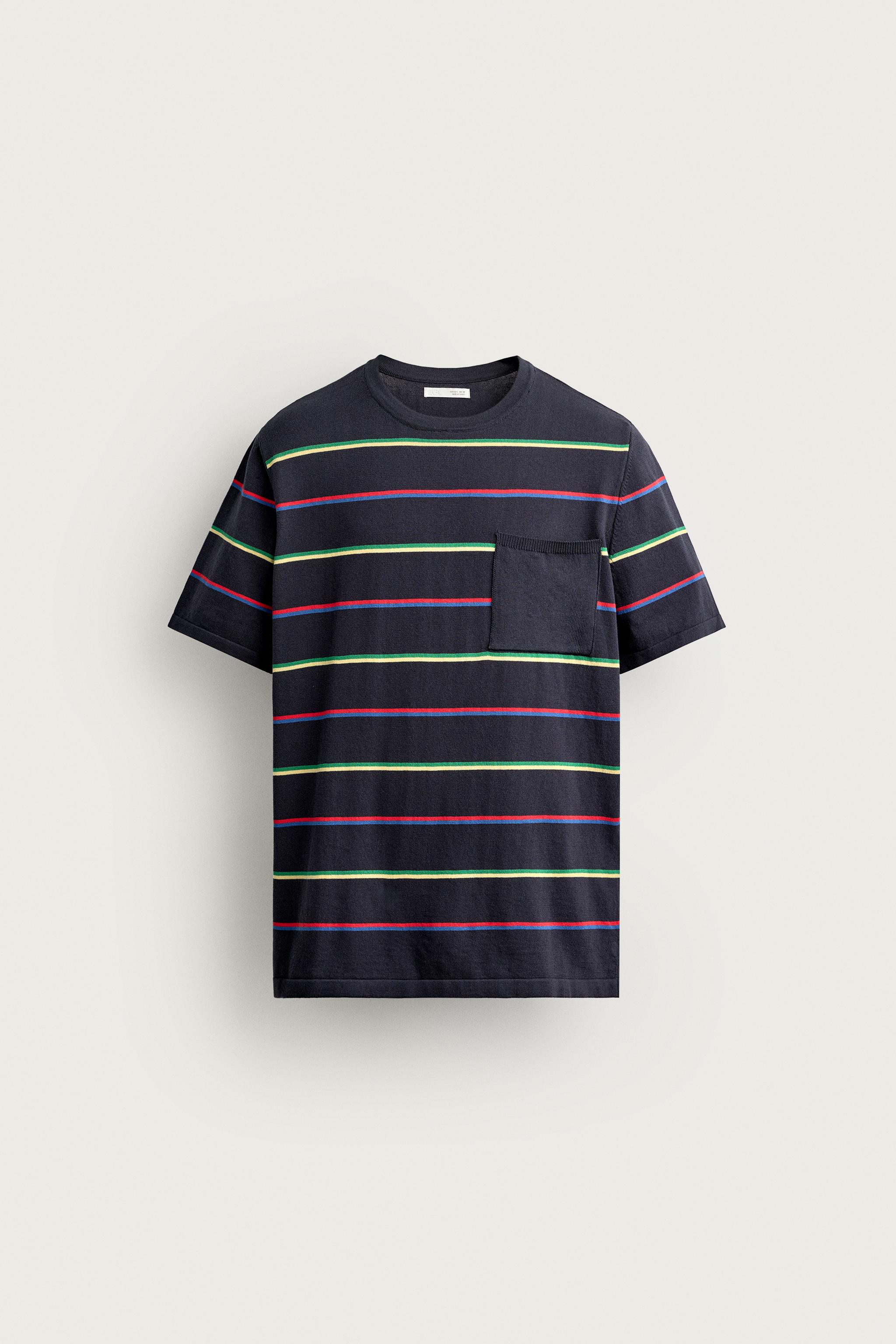 STRIPED JACQUARD KNIT T-SHIRT — Navy blue