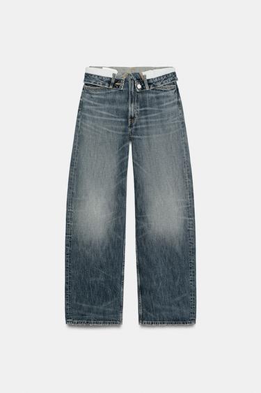 Zara TRF 中腰反摺褲頭牛仔褲 - 海藍色