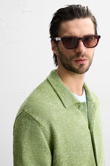 Zara BOUCLÉ TEXTURED KNIT SHIRT - Green