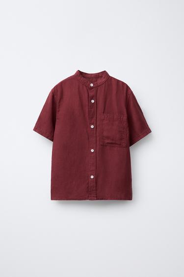 LINEN BLEND STAND COLLAR SHIRT - Burgundy by Zara