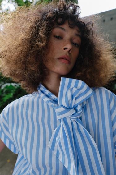 STRIPED SHIRT WITH BOW - Blue/White by Zara - Image 1
