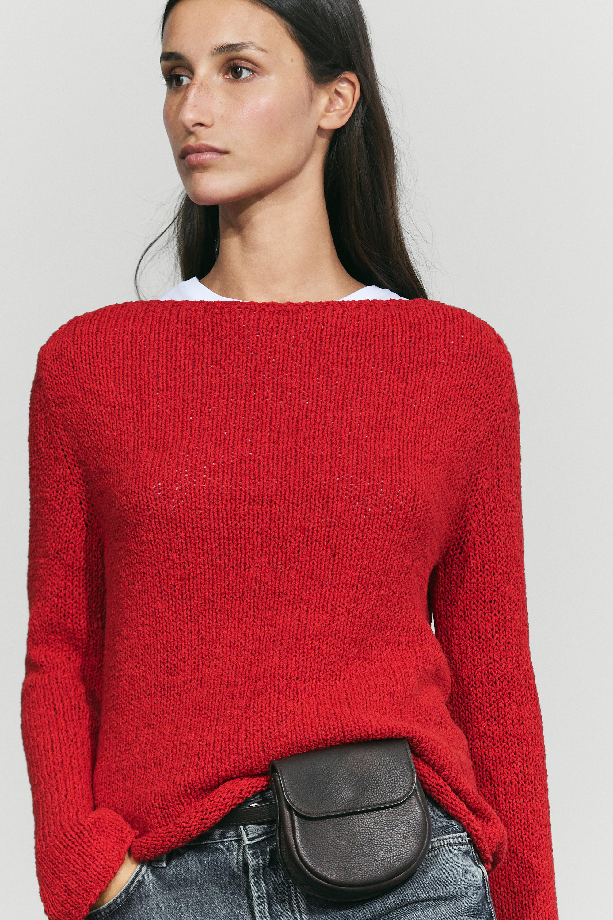 Cotton blend knit boat neck sweater