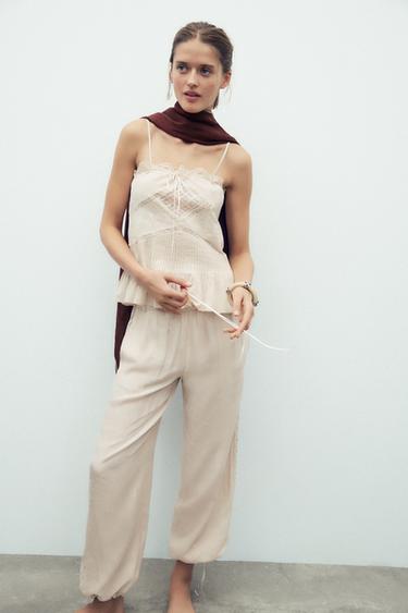 FOULARD EN LIN À RAYURES ET FRANGES - Marron de Zara - Image 1