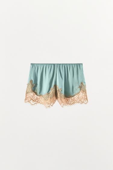 SHORT SATINÉ AVEC DENTELLE - Bleu canard de Zara - Image 5