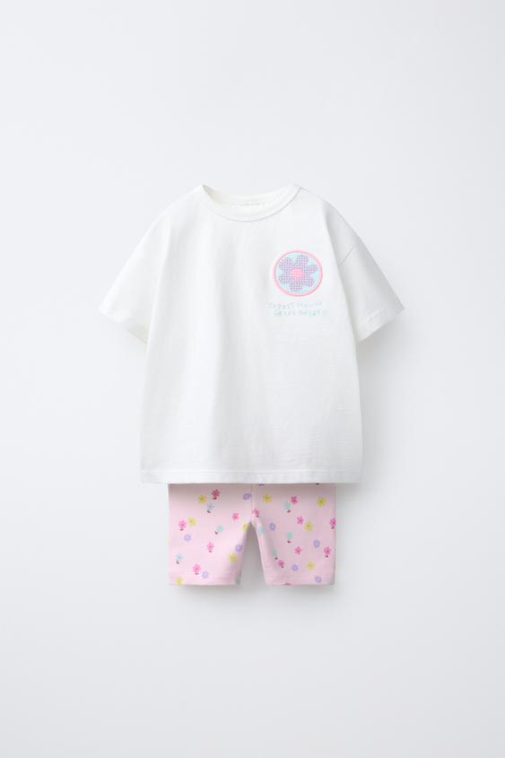 CONJUNTO DE CAMISETA E LEGGING CICLISTA COM FLORES - Branco-marfim da Zara - Imagem 0