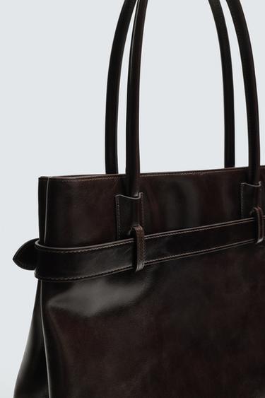 LEATHER TOTE BAG WITH BELT - Brown by Zara - Image 6