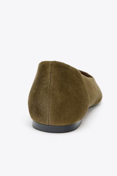 POINTED SPLIT SUEDE BALLET FLATS - Olive Green by Zara - Image 4