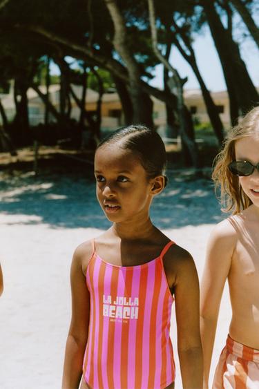 6-14 YEARS / LA JOLLA BEACH STRIPED SWIMSUIT WITH SLOGAN - Neon orange by Zara