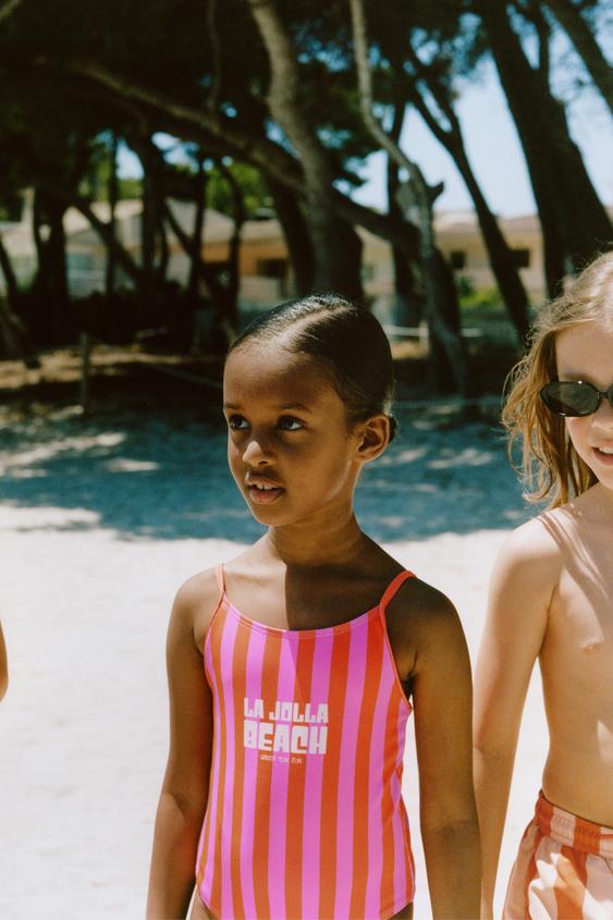 Zara 6-14 YEARS / STRIPED TEXT LA JOLLA BEACH SWIMSUIT - Neon orange - Image 0