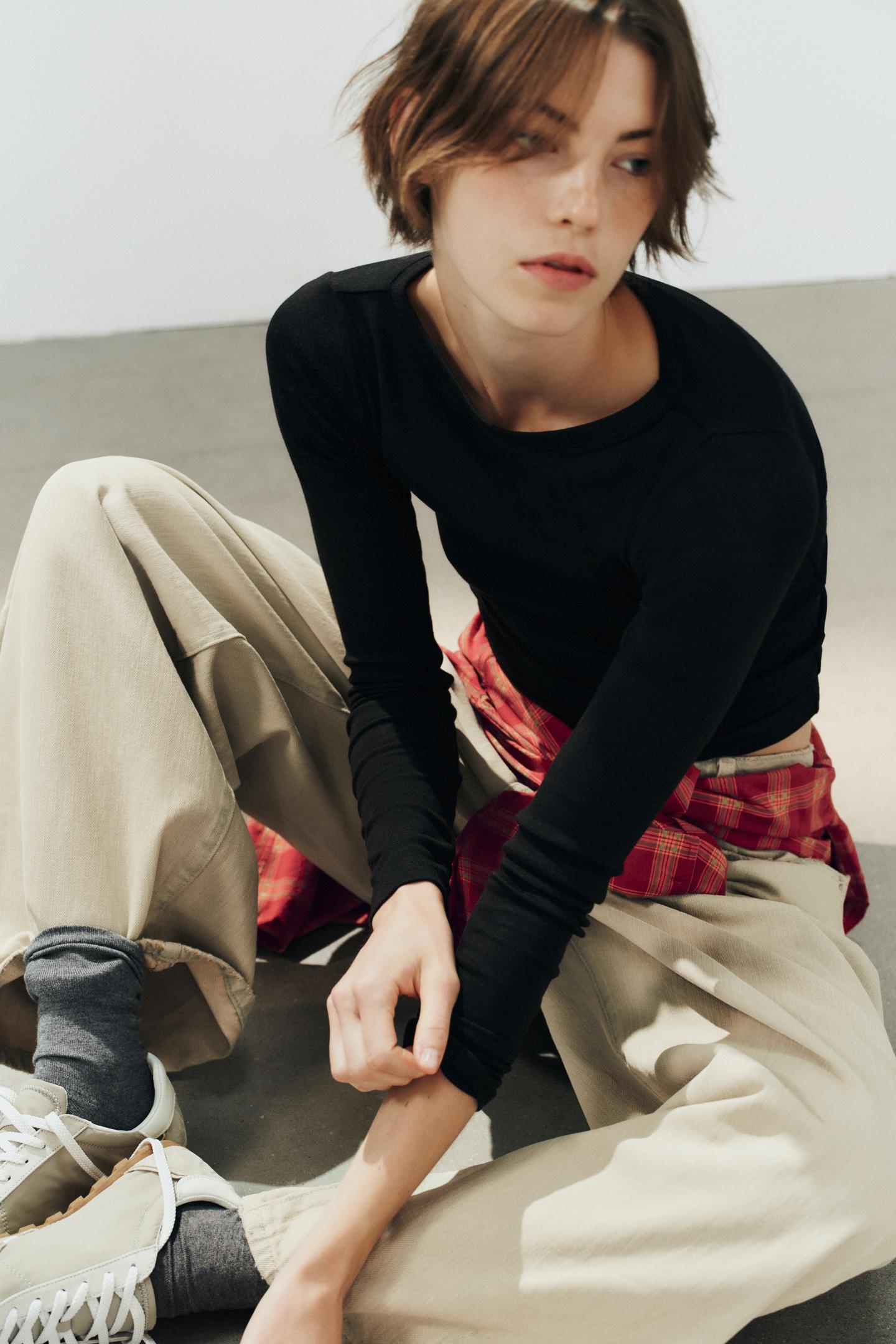 Женская футболка Zara Boat Neck, цвет: Чёрный — фото 3