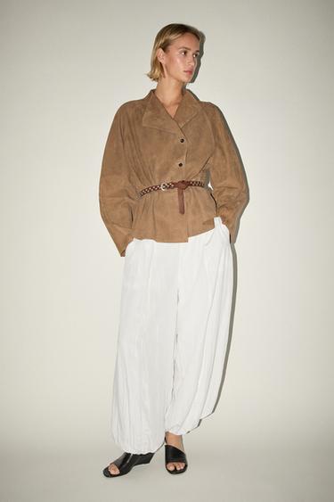 Zara Suede leather jacket with drawstring - Sand