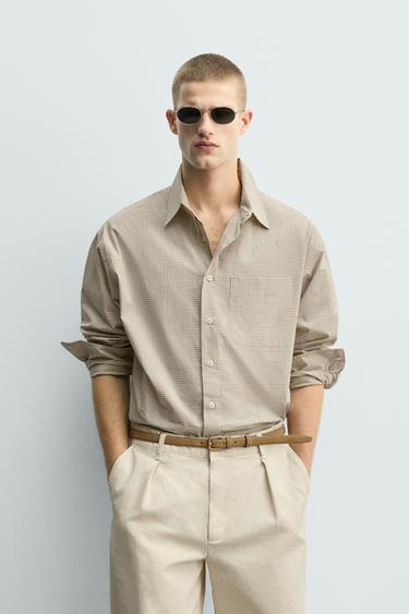 Zara EMBROIDERED PLAID SHIRT - Ecru