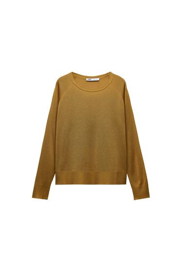 Front view of an ochre, long-sleeved jumper with a crew neck.
