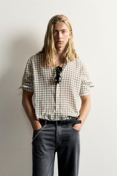 Zara GEOMETRIC PRINT RELAXED FIT SHIRT - Stone