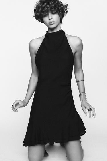 Zara HALTER ASYMMETRIC SHORT DRESS - Black