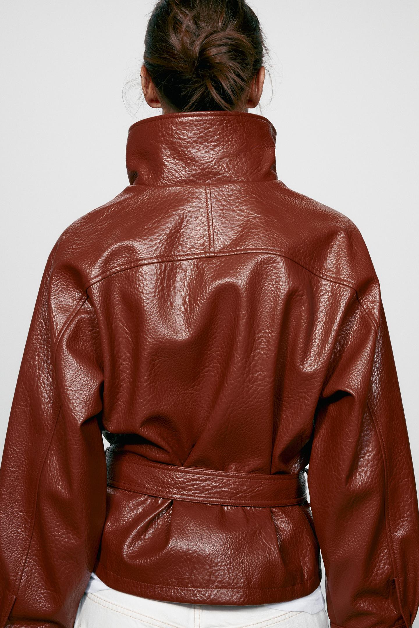 Женская куртка Zara Faux Leather Belted, цвет: Marsala — фото 5