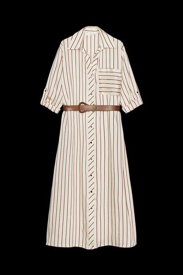 STRIPED BELTED MIDI DRESS - Ecru / Maroon by Zara - Image 0