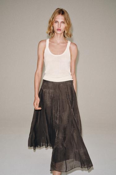 Zara ZW COLLECTION FLOWY COMBINED SKIRT - Brown